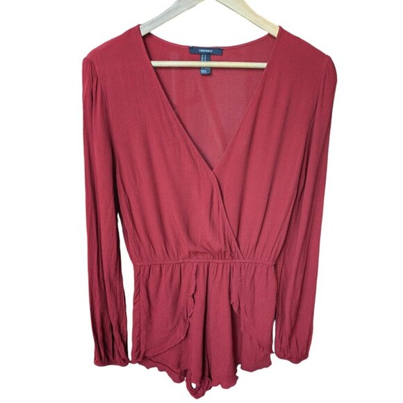 Forever 21 Red Dress/Romper with V-Neck and Long-Sleeves Women Size Medium - Picture 8 of 13
